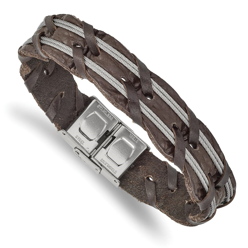 Diamond2Deal Stainless Steel Polished Cable and Brown Leather Bracelet for Men 8.5"