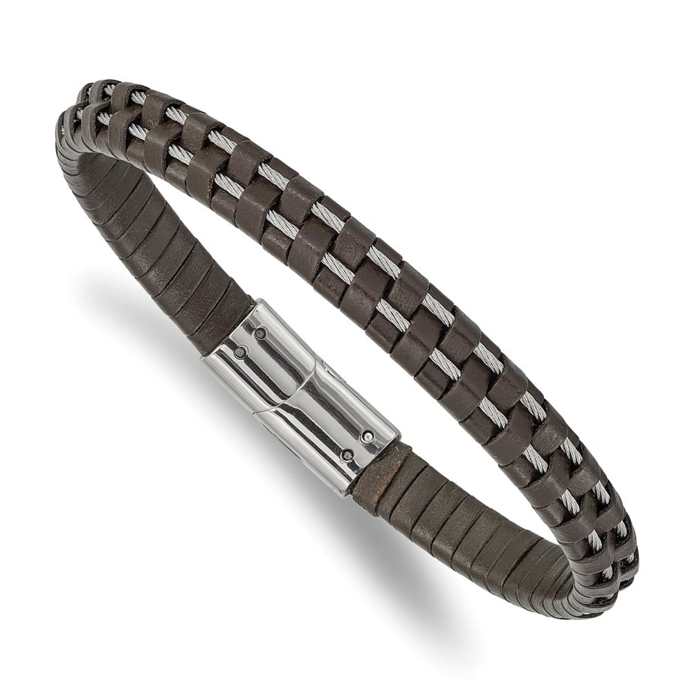 Diamond2Deal Stainless Steel Polished Cable and Brown Leather Bracelet for Men 8.75"