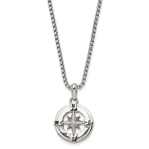Diamond2Deal Stainless Steel Polished Compass Pendant on a Box Chain Necklace for Men 22"