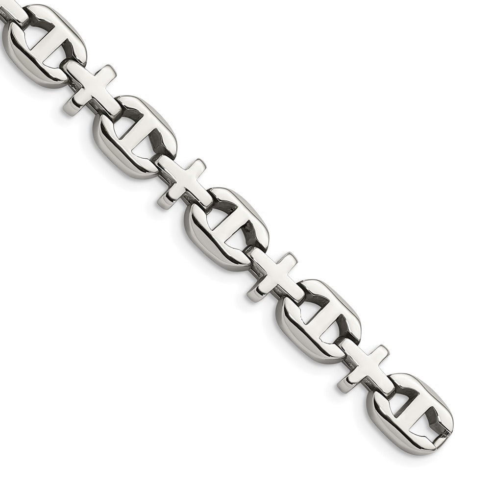 Diamond2Deal Stainless Steel Polished Cross Link Bracelet for Men 8.5"