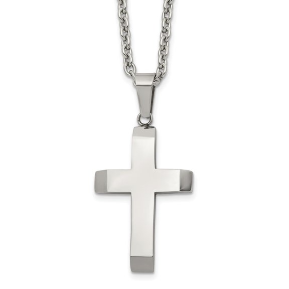 Diamond2Deal Stainless Steel Polished Cross Pendant on a Cable Chain Necklace for Men 24"
