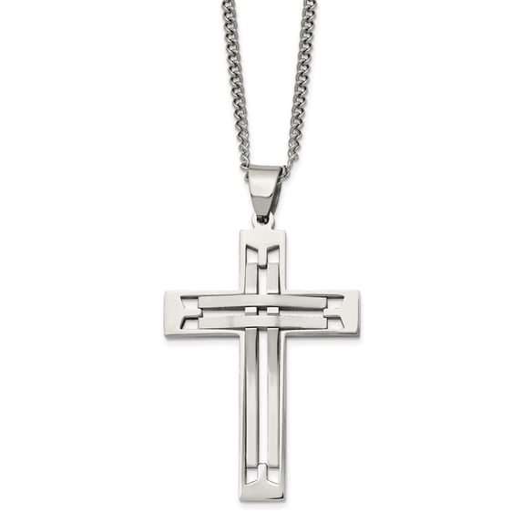 Diamond2Deal Stainless Steel Polished Cross Pendant on a Curb Chain Necklace for Men 24"