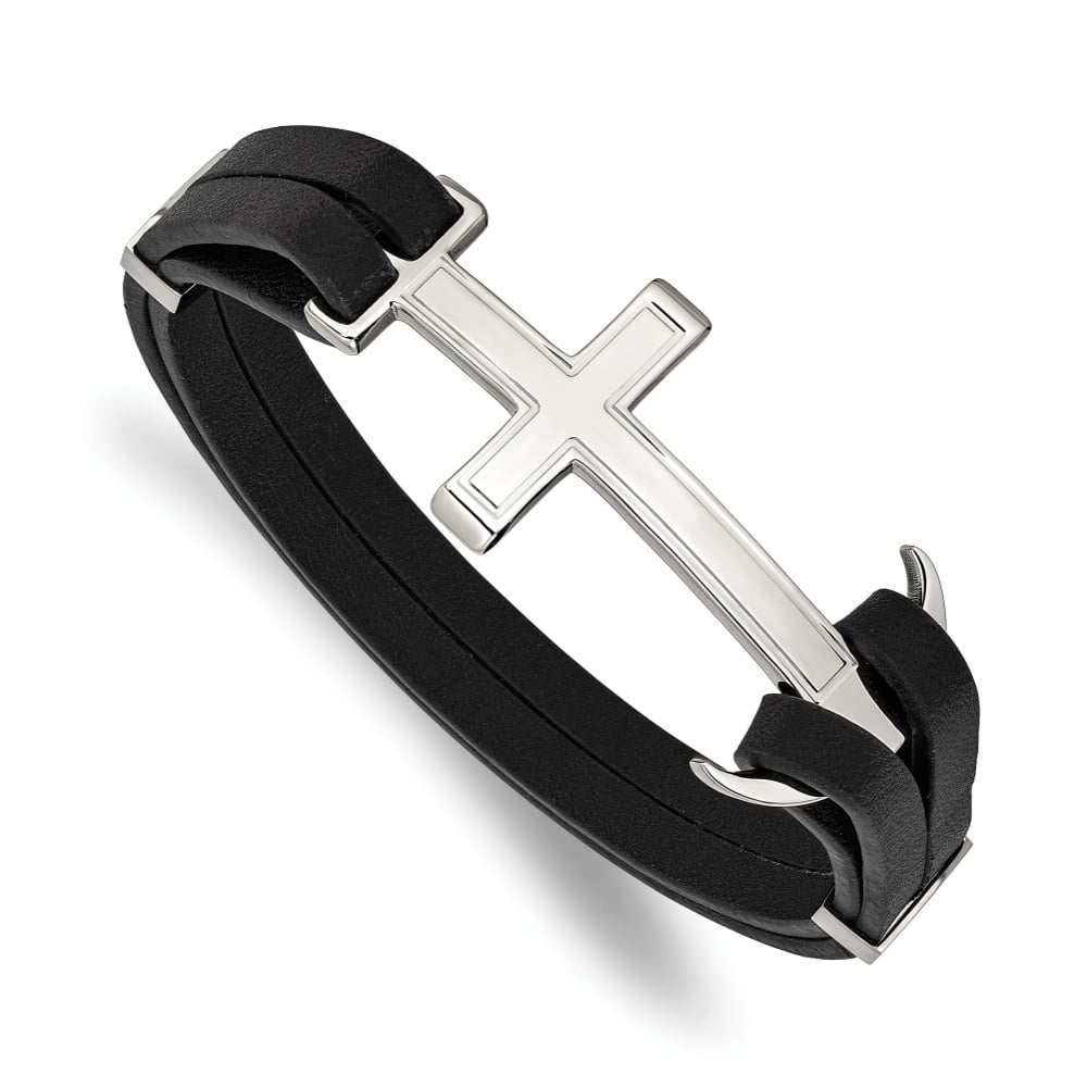 Diamond2Deal Stainless Steel Polished Cross and Anchor Black Leather Bracelet for Men 8.25"