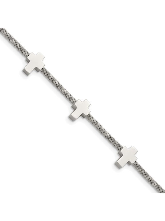Stainless Steel Polished Crosses on Twisted Wire Bracelet for Women with .75 In Ext 7.5"