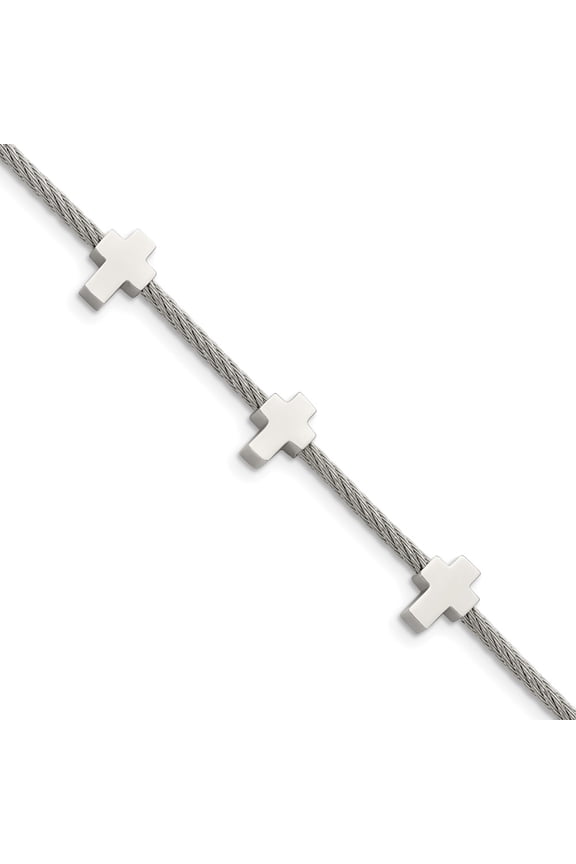 Stainless Steel Polished Crosses on Twisted Wire Bracelet for Women with .75 In Ext 7.5"