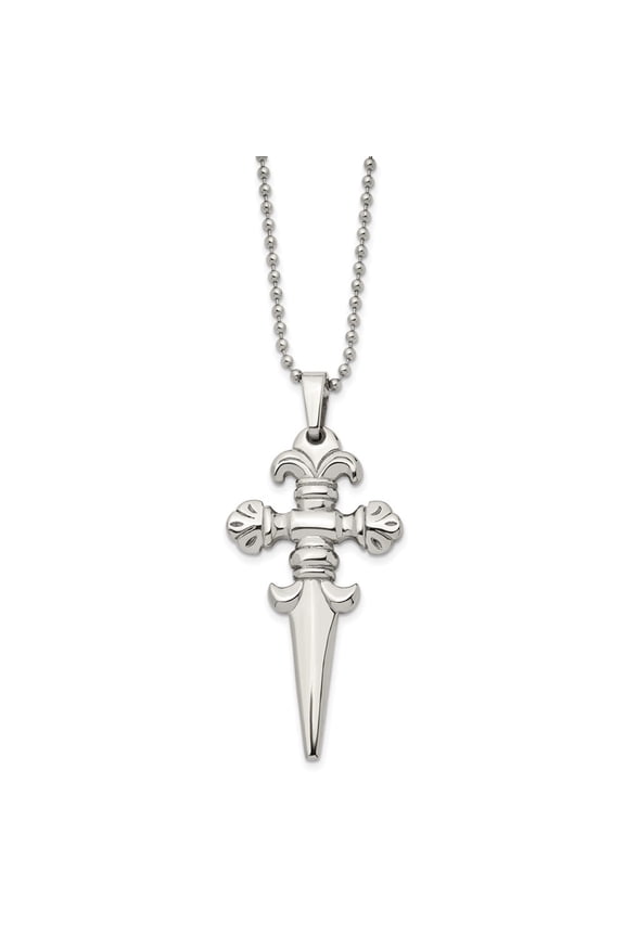 Stainless Steel Polished Dagger Pendant on a Ball Chain Necklace for Men 24"