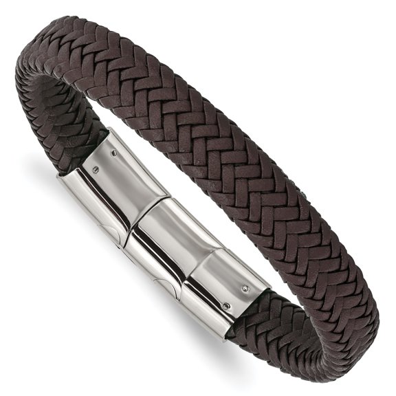 Diamond2Deal Stainless Steel Polished Dark Brown Braided Leather Bracelet for Women with .5 In Ext 8"