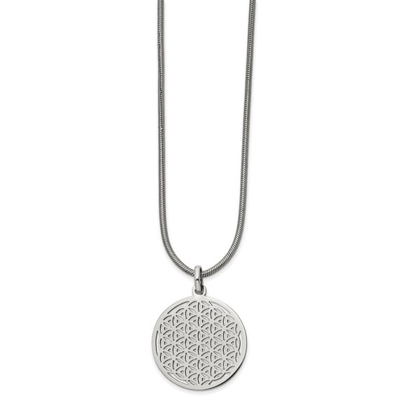Diamond2Deal Stainless Steel Polished Flower Cut-out Small Circle Pendant on an Snake Chain Necklace for Women 18"