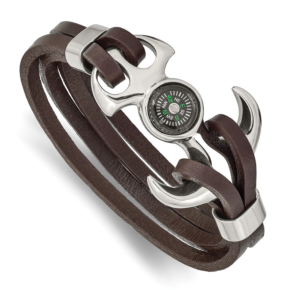 Diamond2Deal Stainless Steel Polished Functional Compass Multi Strand Brown Leather Bracelet for Men 8.5"
