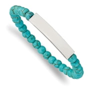 Diamond2Deal Stainless Steel Polished ID Plate 6mm Reconstructed Turquoise Beaded Stretch Bracelet for Women 6.5"