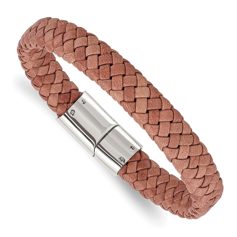 Diamond2Deal Stainless Steel Polished Light Brown Braided Leather Bracelet for Men 8.25"