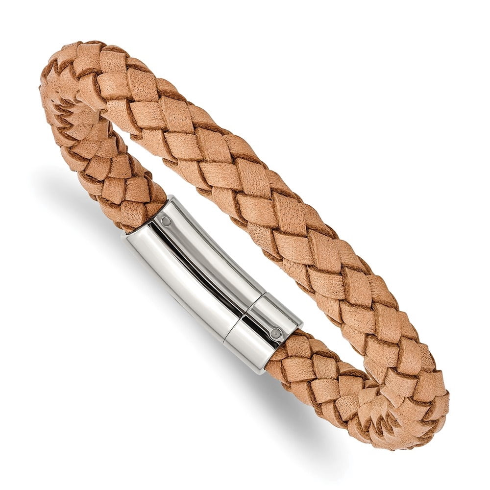 Diamond2Deal Stainless Steel Polished Light Tan Braided Leather Bracelet for Men 8.5"