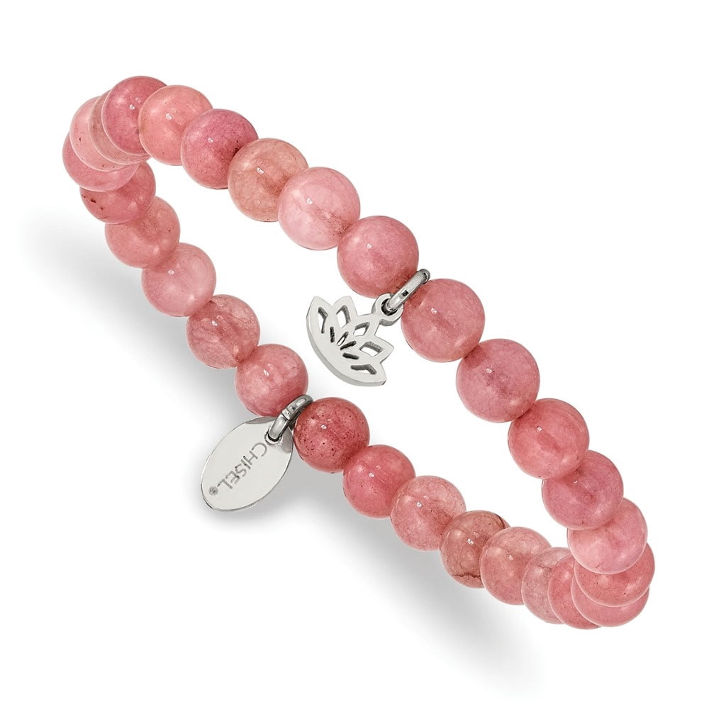 Diamond2Deal Stainless Steel Polished Lotus 6mm Pink Jade Beaded Stretch Bracelet for Women 6"