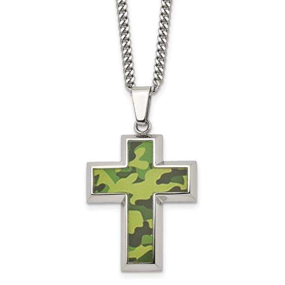 Diamond2Deal Stainless Steel Polished Printed Green Camo Under Rubber Cross Pendant on a Curb Chain Necklace for Men 22"