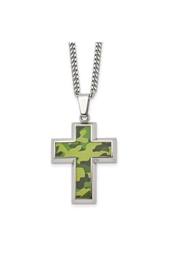 Stainless Steel Polished Printed Green Camo Under Rubber Cross Pendant on a Curb Chain Necklace for Men 22"
