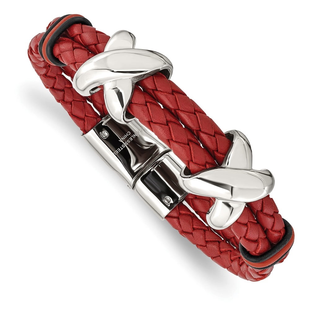 Diamond2Deal Stainless Steel Polished Red Leather and Black Rubber Bracelet for Men 8"
