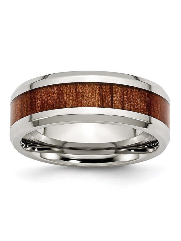 Stainless Steel Polished Red/Orange Koa Wood Enameled 8mm Band