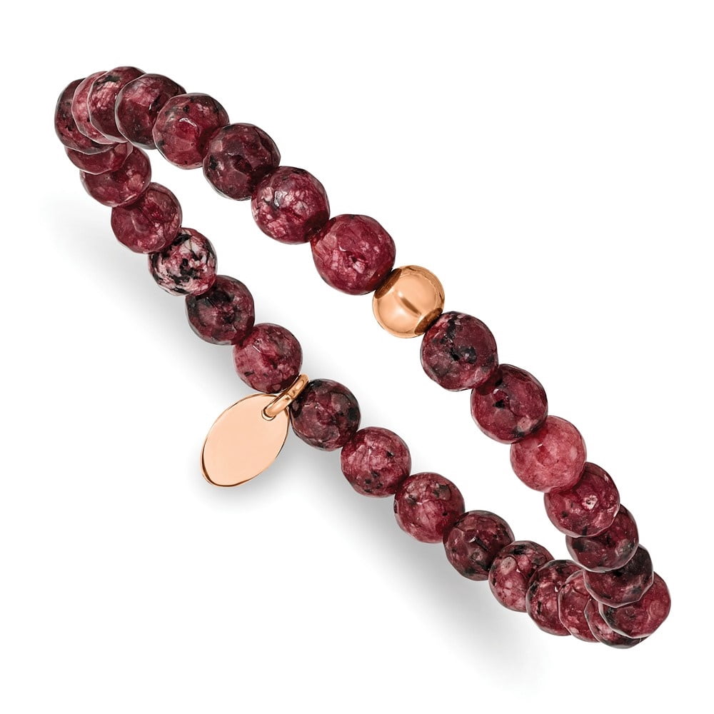 Diamond2Deal Stainless Steel Polished Rose IP-Plated 6mm Red Jade Beaded Stretch Bracelet for Women 6"