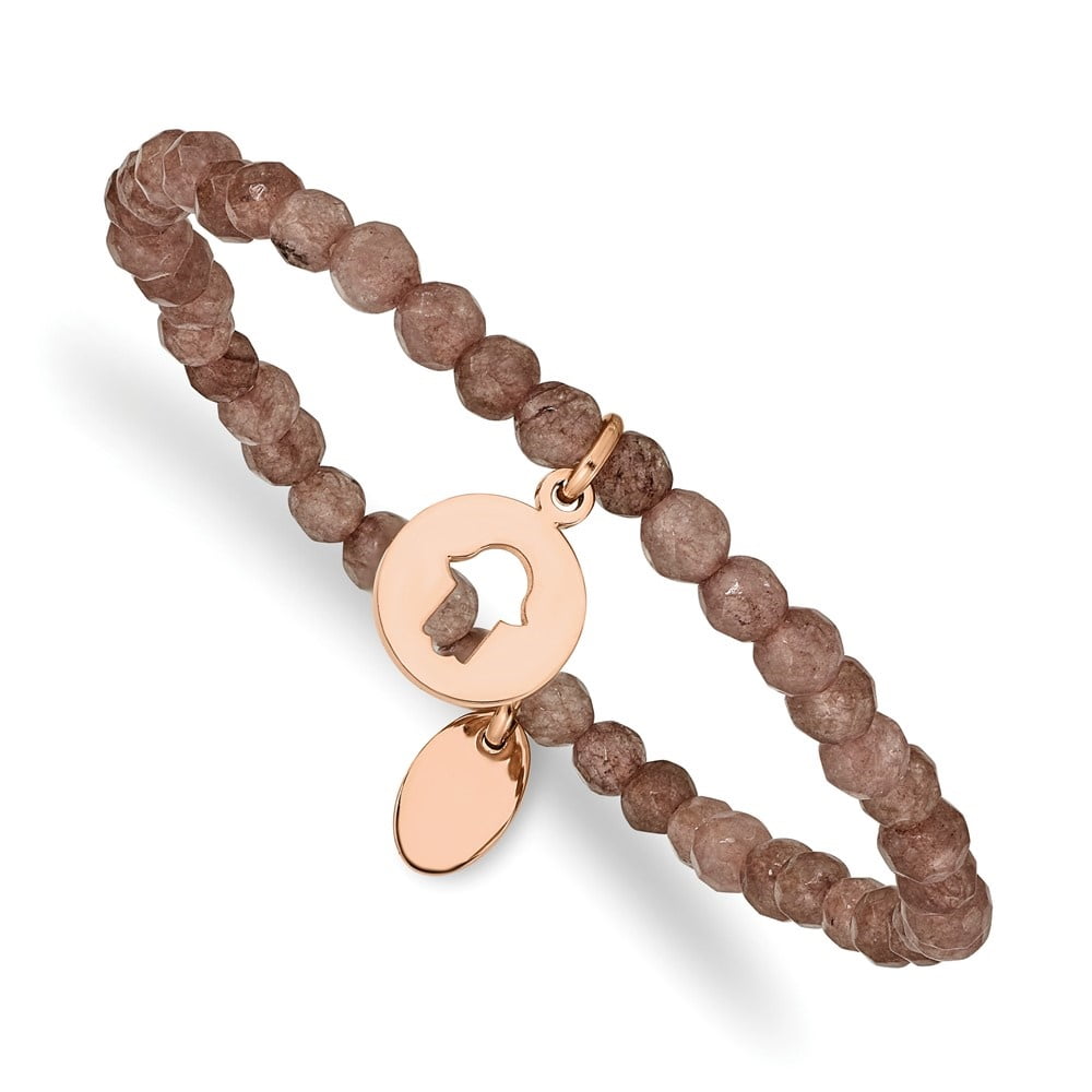 Diamond2Deal Stainless Steel Polished Rose IP-Plated Hamsa 4mm Brown Jade Beaded Stretch Bracelet for Women 6.25"