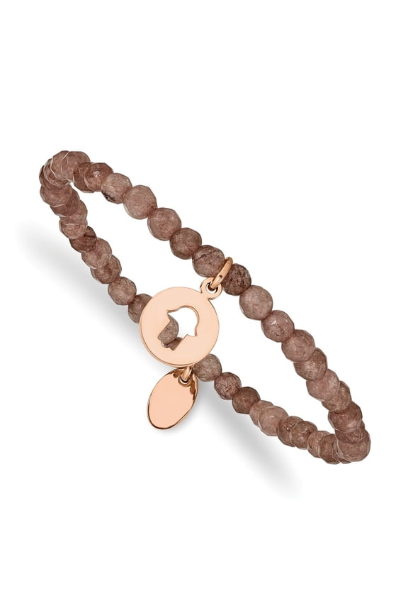 Stainless Steel Polished Rose IP-Plated Hamsa 4mm Brown Jade Beaded Stretch Bracelet for Women 6.25"