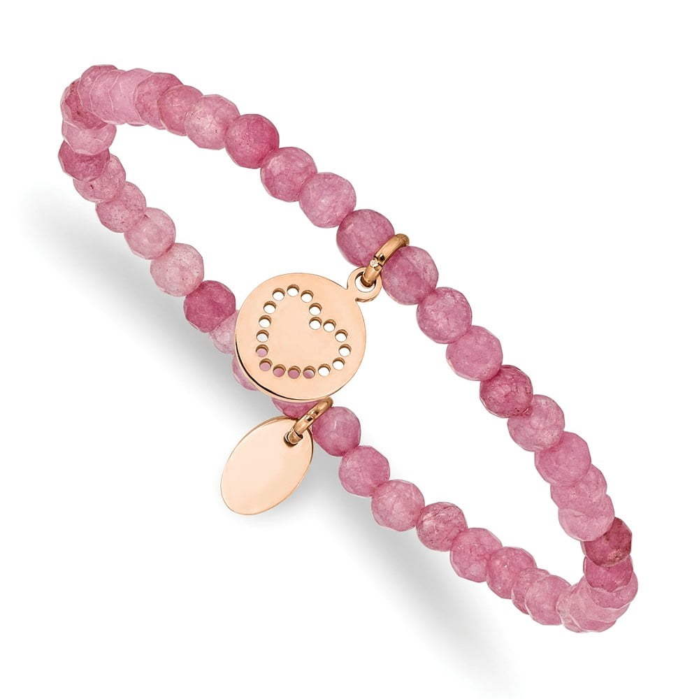 Diamond2Deal Stainless Steel Polished Rose IP-Plated Heart 4mm Pink Jade Beaded Stretch Bracelet for Women 6.5"