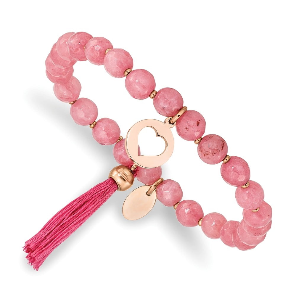 Diamond2Deal Stainless Steel Polished Rose IP-Plated Heart Pink Jade Beaded Stretch Bracelet for Women 6.5"