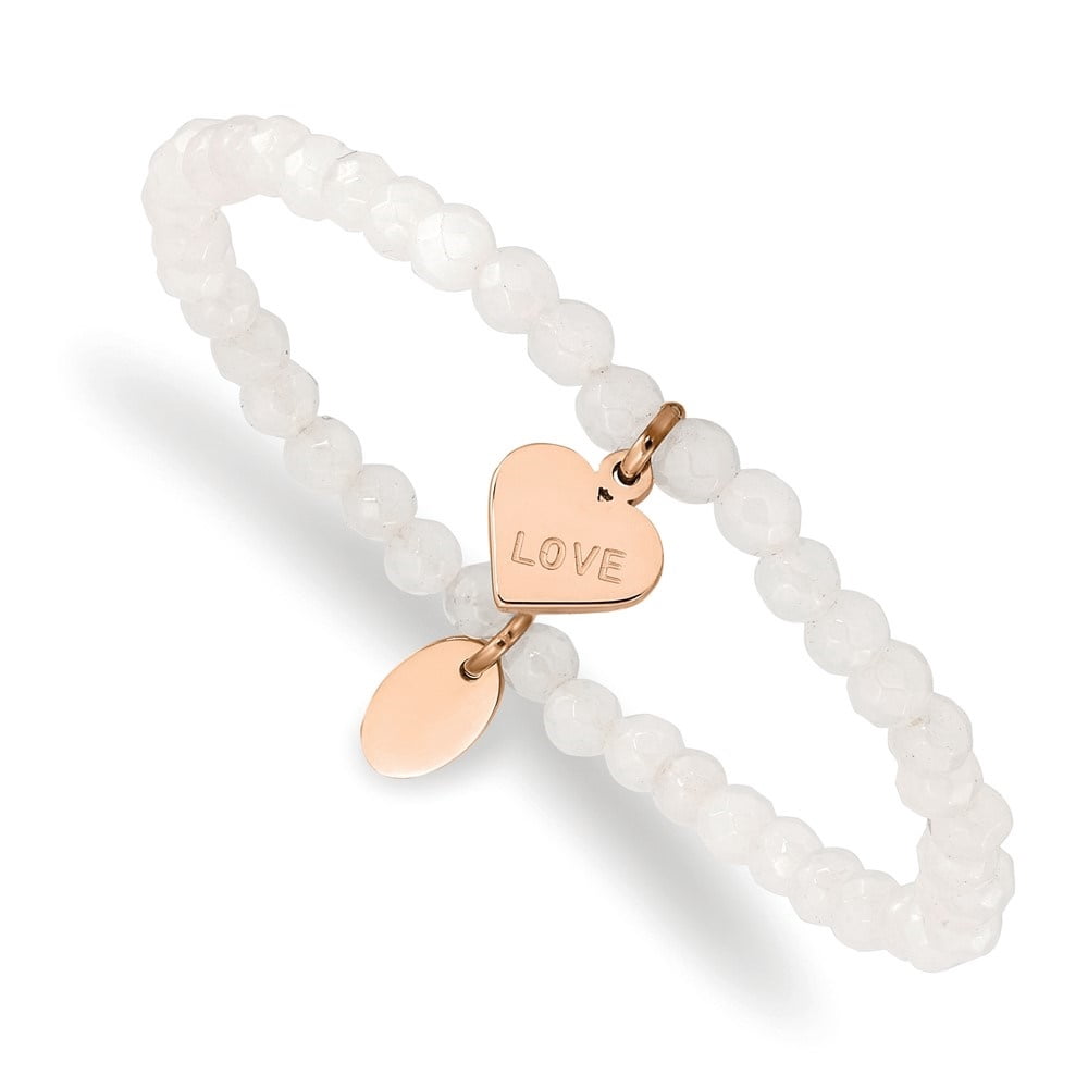 Diamond2Deal Stainless Steel Polished Rose IP-Plated LOVE Heart 4mm Jade Beaded Stretch Bracelet for Women 6.25"