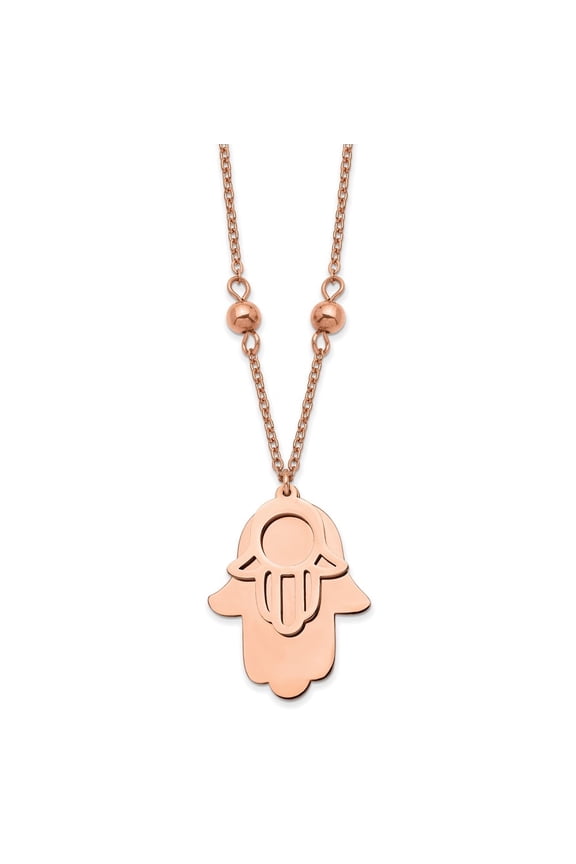Stainless Steel Polished Rose IP-plated Hamsa Pendant Beaded Cable Chain Necklace for Women 24"