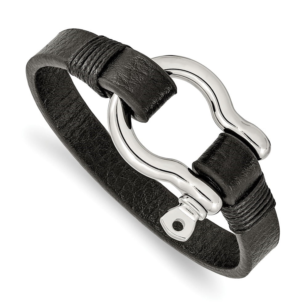 Diamond2Deal Stainless Steel Polished Shackle Black Leather Bracelet for Men 8.25"