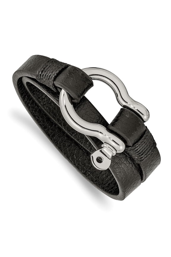 Stainless Steel Polished Shackle Textured Black Leather Wrap Bracelet for Men 16"