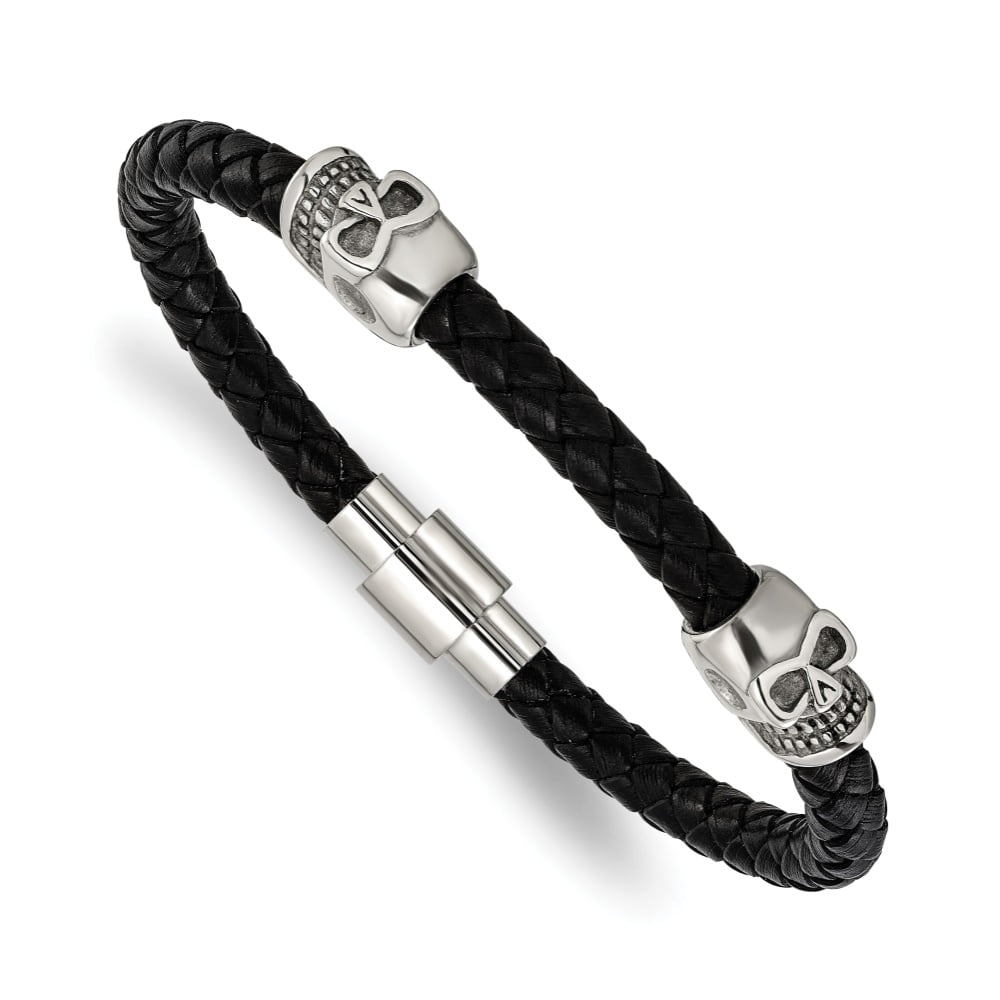 Diamond2Deal Stainless Steel Polished Skull Beads on Black Leather Bracelet for Men 8.75"