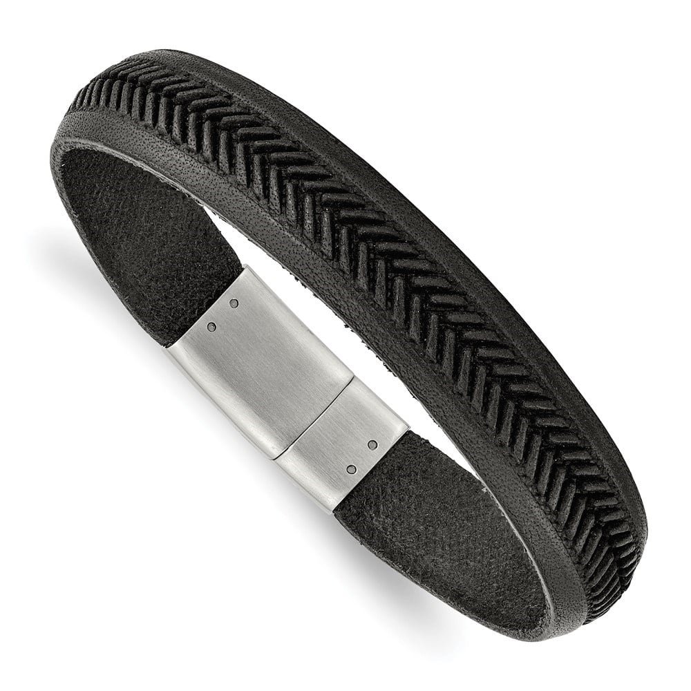 Diamond2Deal Stainless Steel Polished Textured Black Italian Leather Bracelet for Men 8.75"