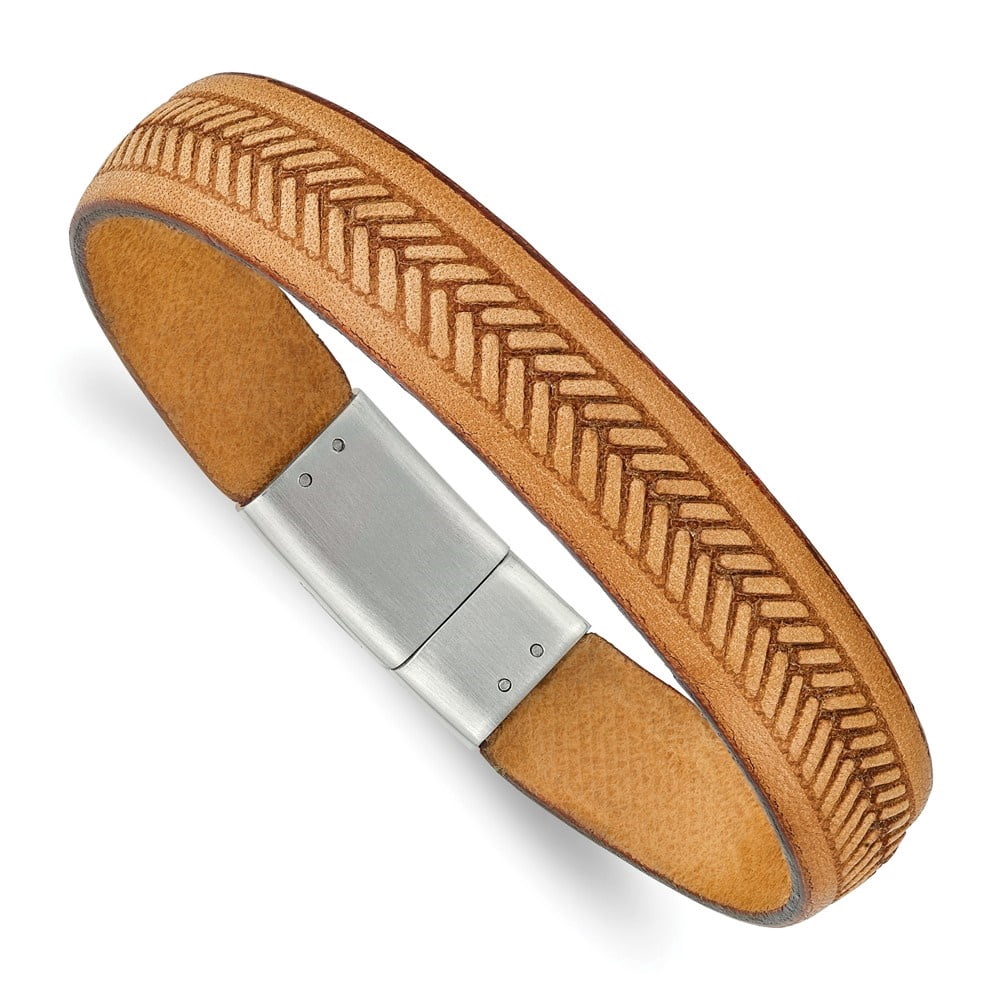 Diamond2Deal Stainless Steel Polished Textured Tan Italian Leather Bracelet for Men 8.75"