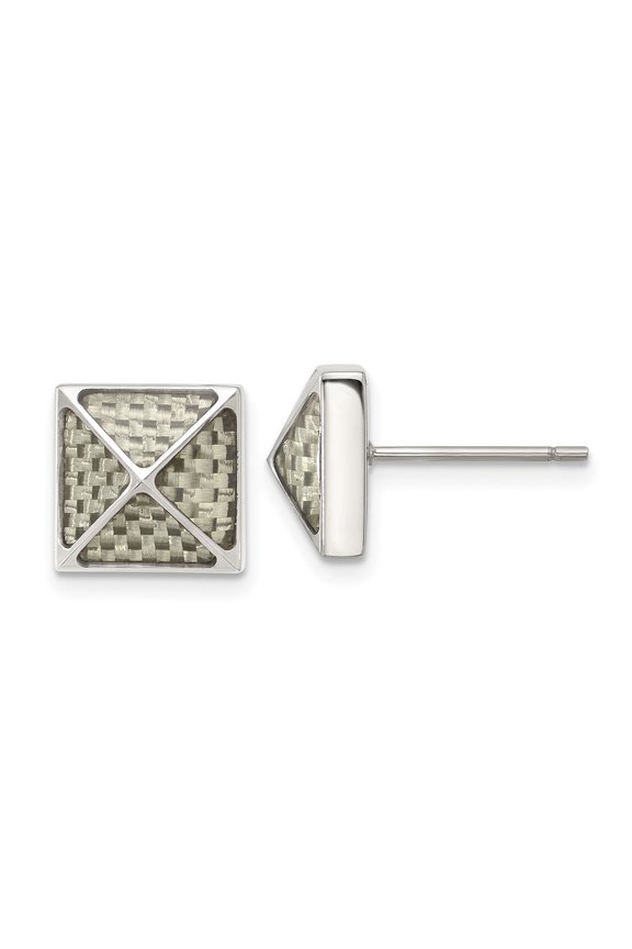 Stainless Steel Polished White Carbon Fiber Inlay Pyramid Stud Earrings for Men