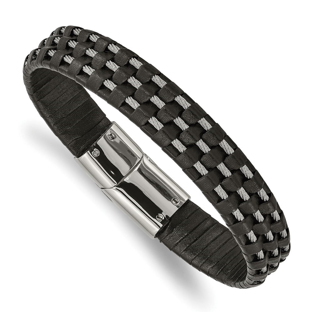 Diamond2Deal Stainless Steel Polished Wire Cable and Black Leather Bracelet for Men 8.5"