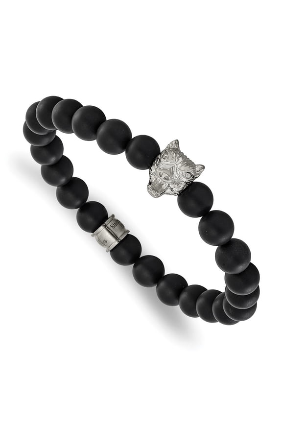 Stainless Steel Polished Wolf Head Matte 8mm Black Agate Beaded Stretch Bracelet for Men 6.75"