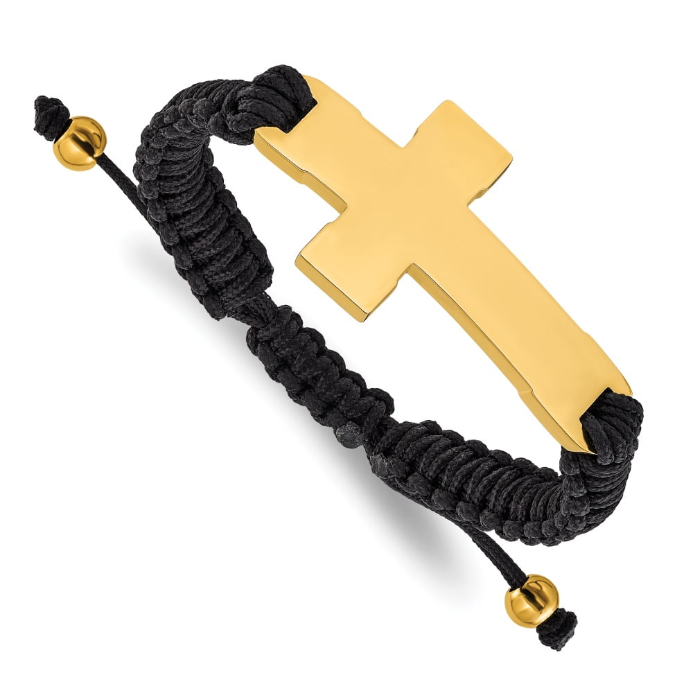 Diamond2Deal Stainless Steel Polished Yellow IP-Plated Cross Black Nylon Adjustable Bracelet for Men 7.5"