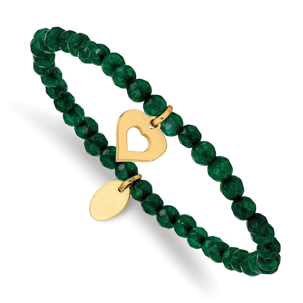 Diamond2Deal Stainless Steel Polished Yellow IP-Plated Heart 4mm Green Jade Beaded Stretch Bracelet for Women 6"