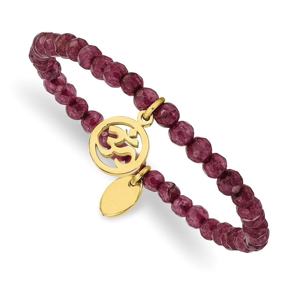 Diamond2Deal Stainless Steel Polished Yellow IP-Plated OHM 4mm Purple Jade Beaded Stretch Bracelet for Women 6.5"