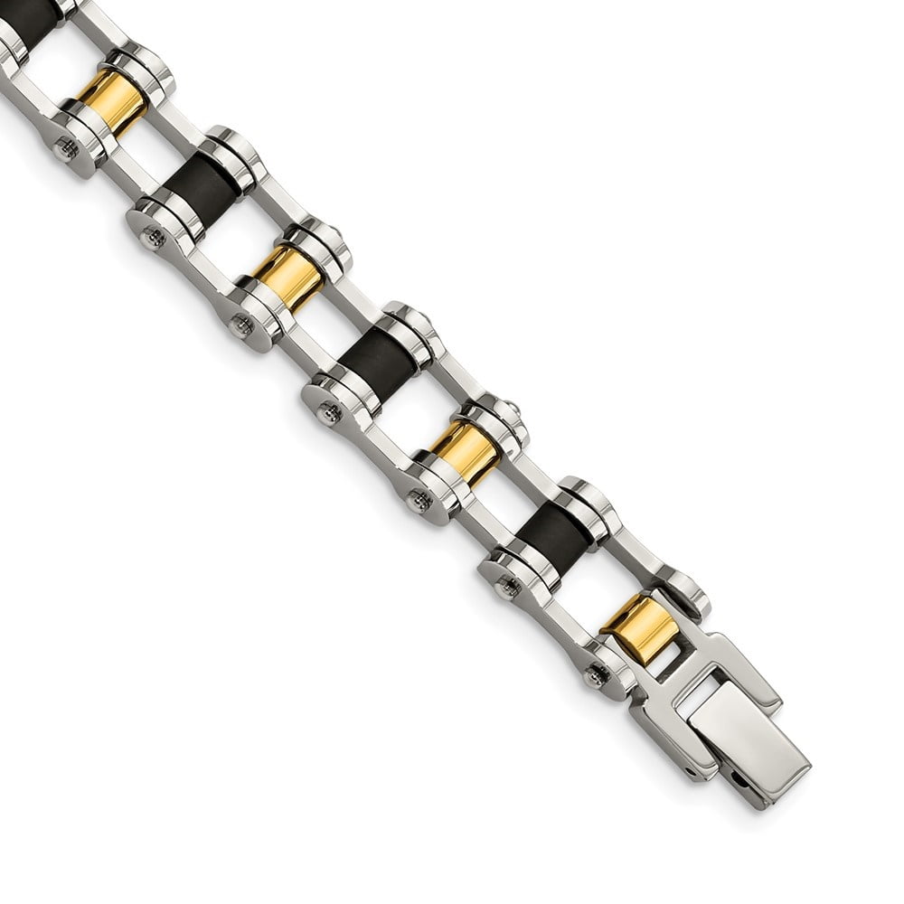 Diamond2Deal Stainless Steel Polished Yellow IP-Plated with Black Rubber Bracelet for Men 8.75"