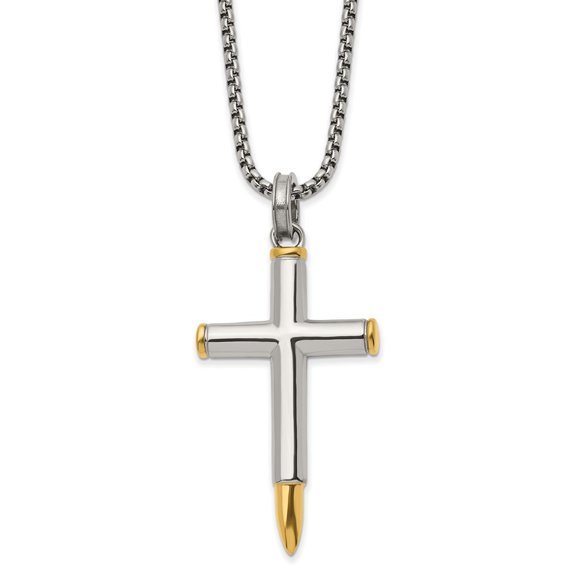 Diamond2Deal Stainless Steel Polished Yellow IP-plated Bullet Cross Pendant on a Box Chain Necklace for Women 24"