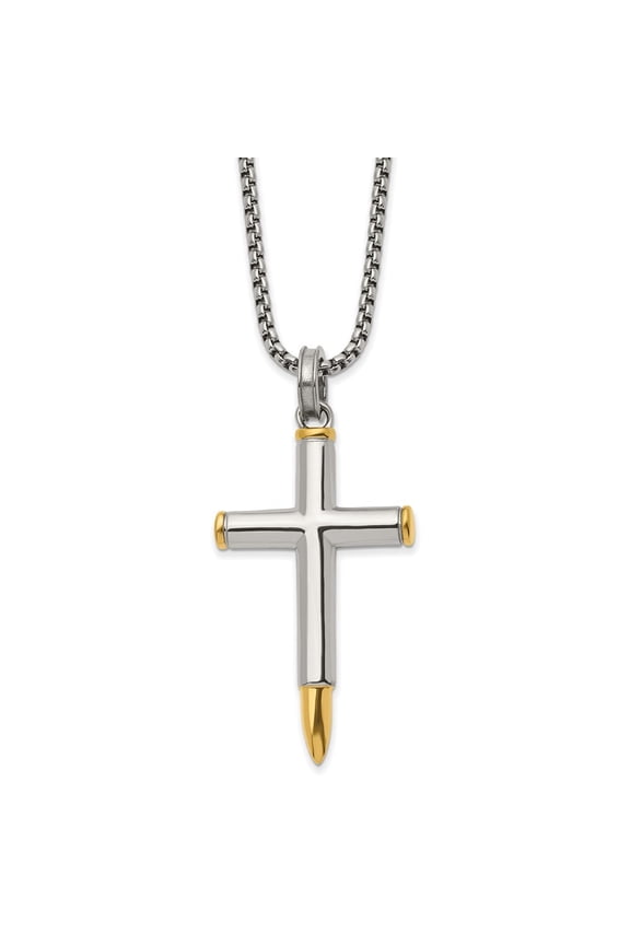 Stainless Steel Polished Yellow IP-plated Bullet Cross Pendant on a Box Chain Necklace for Women 24"
