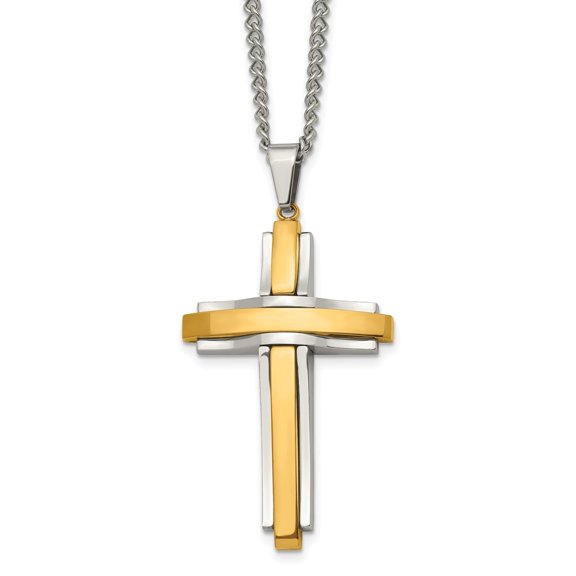 Diamond2Deal Stainless Steel Polished Yellow IP-plated Cross Pendant on a Curb Chain Necklace for Women 24"