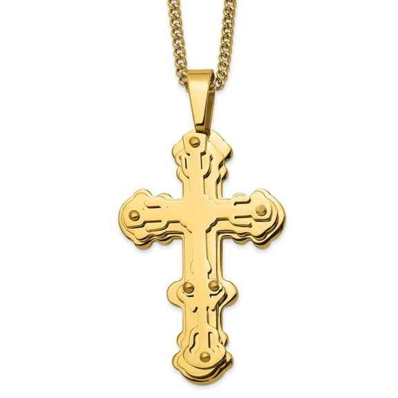 Diamond2Deal Stainless Steel Polished Yellow IP-plated Cross Pendant on a Curb Curb Chain Necklace for Women 24"