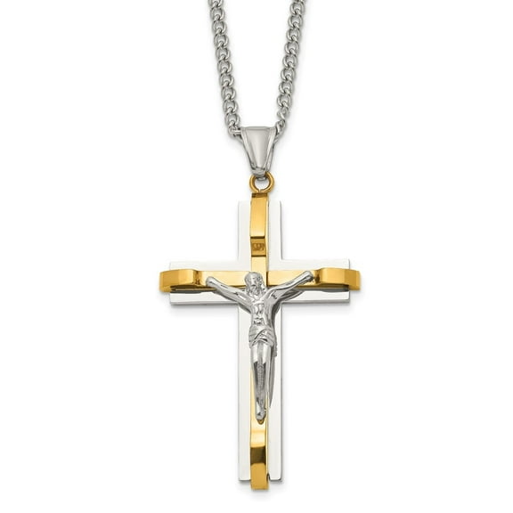 Diamond2Deal Stainless Steel Polished Yellow IP-plated Crucifix Pendant on a Curb Chain Necklace for Women 24"