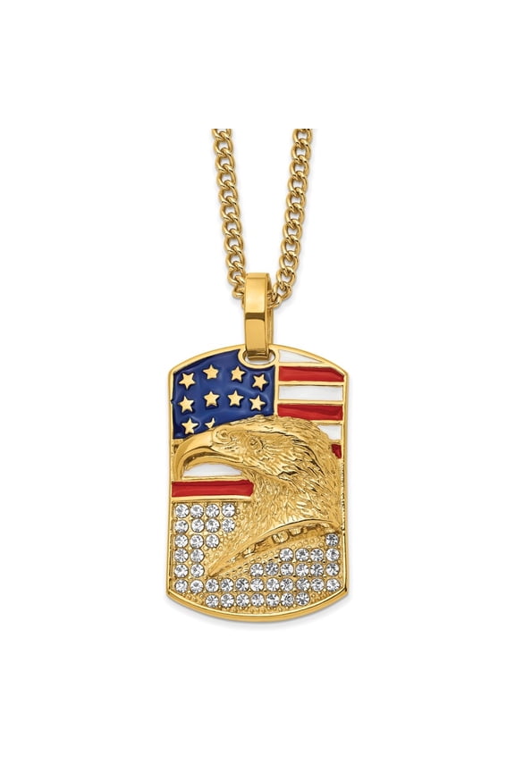 Stainless Steel Polished Yellow IP-plated Enameled Crystal Eagle and American Flag Dogtag on a Curb Chain Necklace for Mens 24"