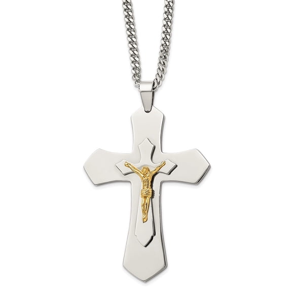 Diamond2Deal Stainless Steel Polished Yellow IP-plated Large Crucifix Pendant on a Curb Chain Necklace for Women 24"