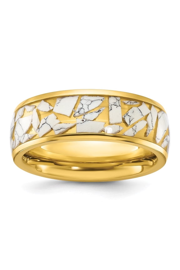 Stainless Steel Polished Yellow IP-plated with Ceramic Fragments Inlay 8mm Band Size 11.5