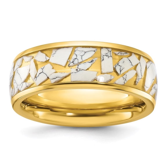 Diamond2Deal Stainless Steel Polished Yellow IP-plated with Ceramic Fragments Inlay 8mm Band Size 8.5