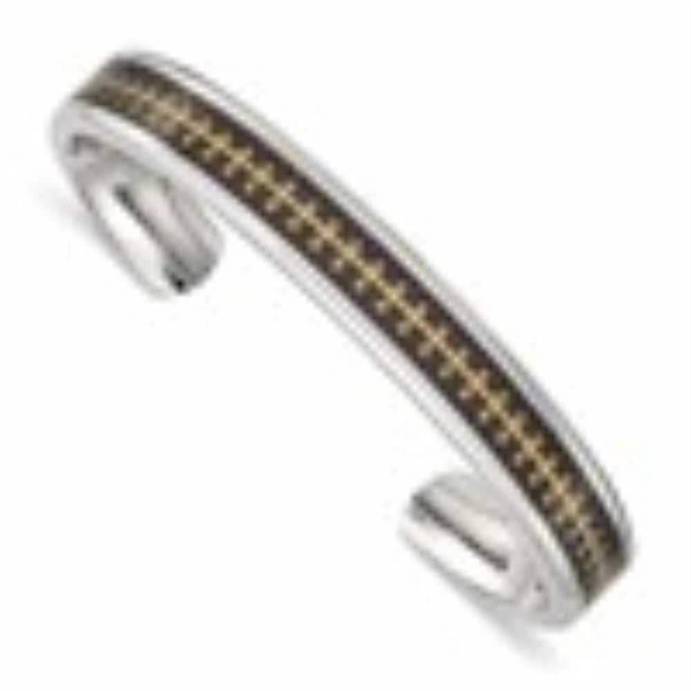 Diamond2Deal Stainless Steel Polished Yellow IP w/Carbon Fiber Inlay Cross Bangle Bracelet for Men